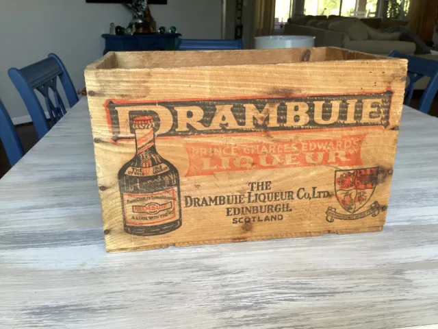 Vintage  DRAMBUIE LIQUEUR, BLACK & RED INK STAMPED, WOOD BOX AD CRATE