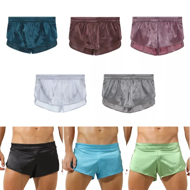 Men Satin Boxer Briefs Silk Side Split Shorts Lounge Loose Trunks Soft Nightwear
