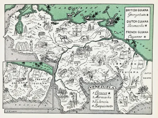 1941 VENEZUELA GUIANA Map ORIGINAL Caracas Oil Derrick Gold Coffee VINTAGE