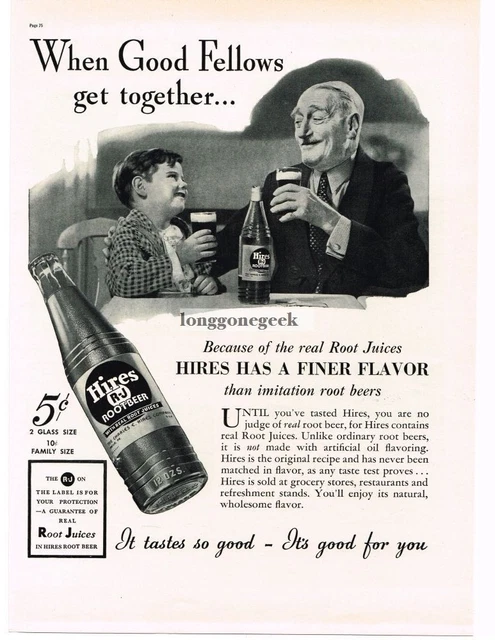 1937 HIRES ROOT BEER Grandfather Grandson Enjoying Vintage Ad