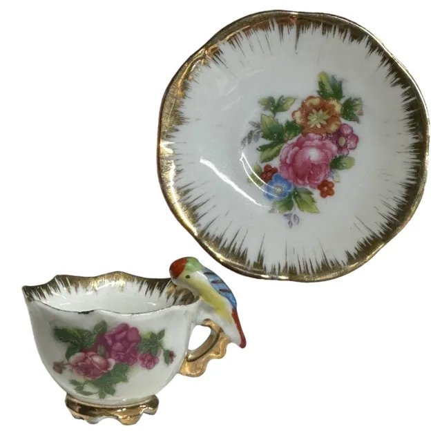 Vintage Hand Painted Miniature Tea Cup and Saucer Parrot Handle Rose Gold JAPAN