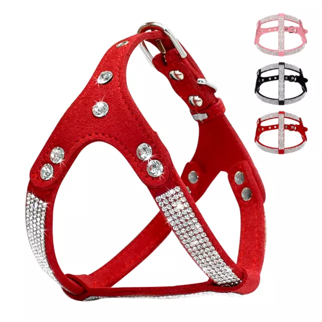 Bling Rhinestone Pet Dog Harness Soft Suede Leather Step In Walking Vest S M L