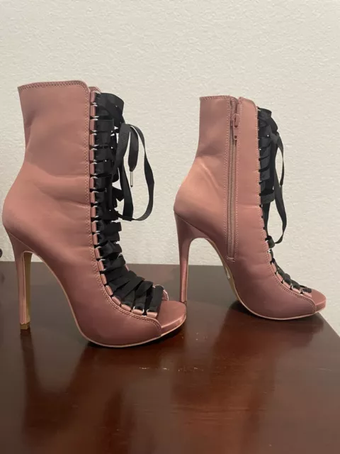 Steve Madden "Fuego" Lace-up peep toe booties. Size 6B. Pink with Black Lace 2