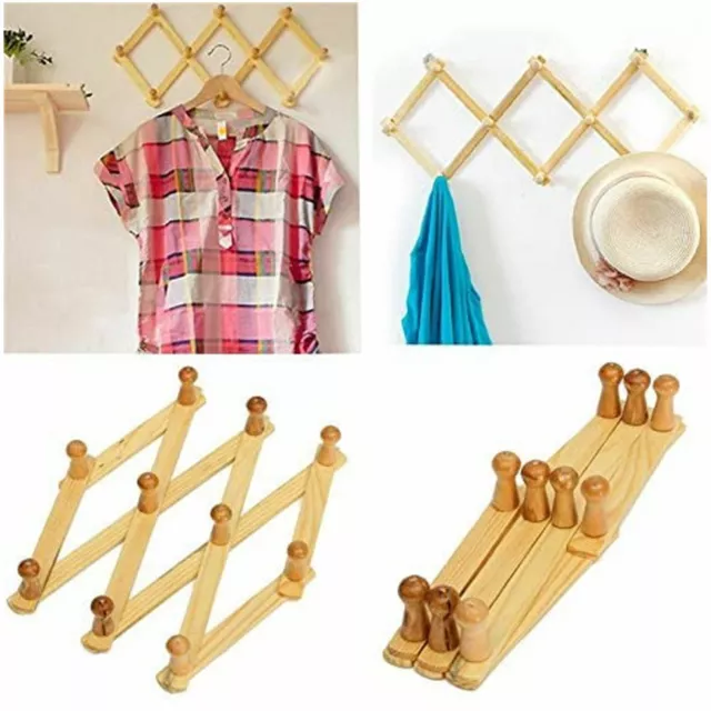 2 Wooden Expandable Hanger Accordion Coat Rack Wall Mounted Hats Mugs Coats Hook