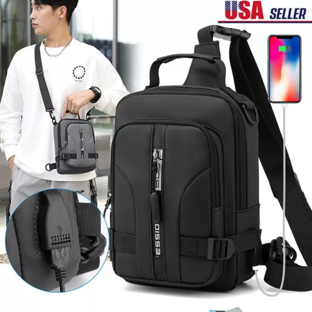 Men's Sling Crossbody Bag Anti-theft Chest Shoulder Messenger Backpack USB Port*