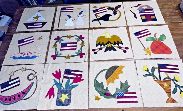 12 Bloques De Edredón De Tela Aplicada, Tema Mensual Americano Con Bandera, Patriótico