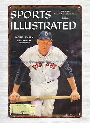 1958  Jackie Jensen wheel horse of Red Sox baseball tin sign