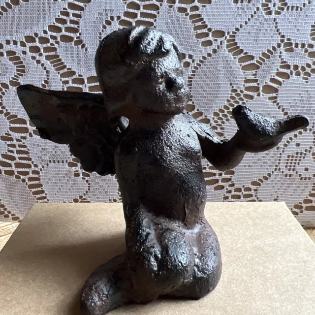 Angel Sitting Figurine with Bird Cherub Statue Garden Rustic Cast Iron 3.5" Tall
