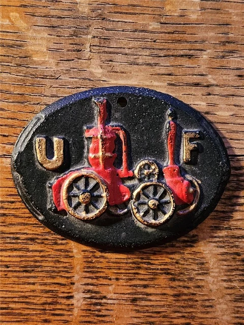 Vtg Oval Cast Iron UF United Firefighter Insurance Fire Plaque Sign Steam Engine