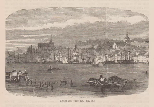 Flensburg Vista General Original Grabado en Madera 1865
