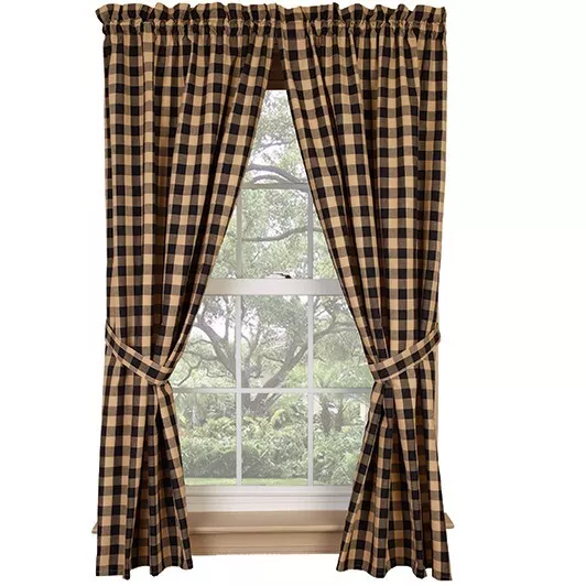 New Rustic Farmhouse PRIMITIVE BLACK CHECK PANELS Drapes Curtains 63"