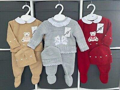 Newborn Baby Boy Spanish Knitted Outfit Boys Grey Camel Red Reborn Pram Gift Set