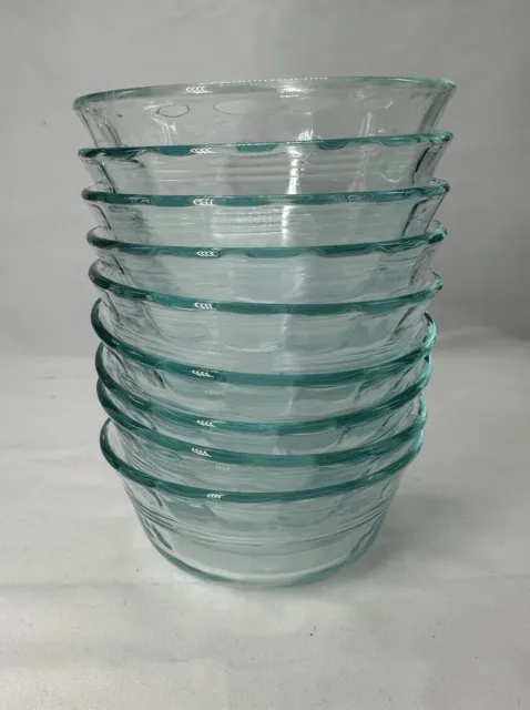 9 Pyrex #464 10oz Blue Tint Glass Bowls Thumbprint 3 Ring Custard Dessert Cups