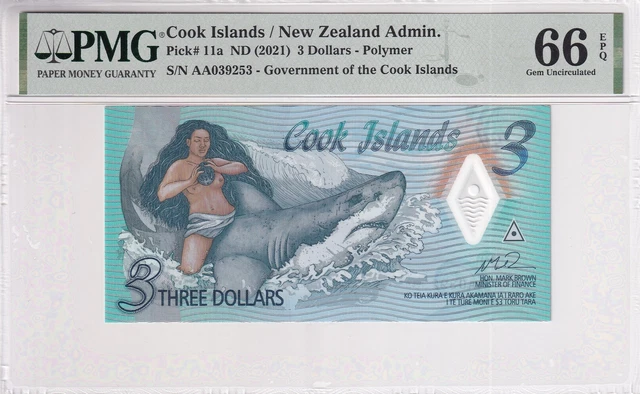 Billet Iles Cook 3 Dollars - Ina - Requin - PMG 66 EPQ