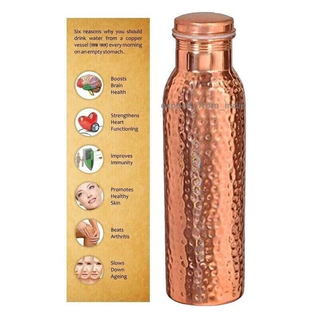Bouteille D'eau En Cuivre Pur 1000 Ml Avec 2 Verres Martelés 300 Ml - Fait Main En Inde - Neuf