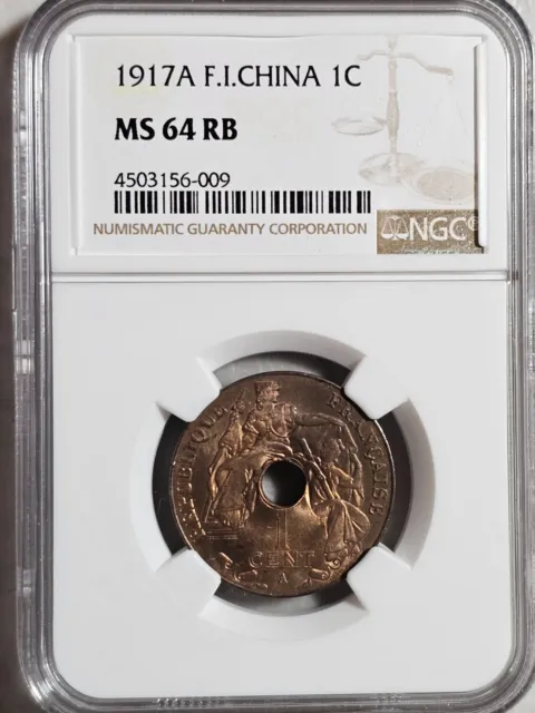 French Indochina 1 Cent 1917A NGC MS 64 RB