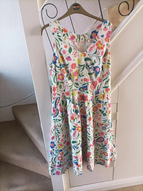 Boden Shift Dress Lined White Floral Linen/Cotton  Size 14. New Without Tags