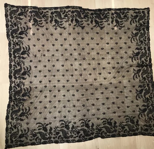 Antique Vintage Victorian 1800s Black Lace Shawl Veil Wrap Scarf