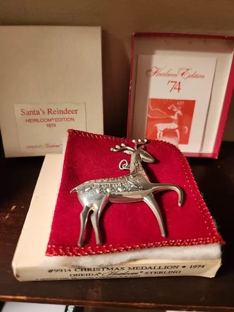 Oneida Heirloom Sterling Silver Ornament Brooch 1974 Santa's Reindeer CUPID. NIB