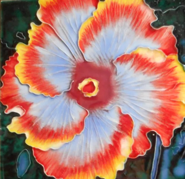Hisbiscus flower hand painted ceramic art tile 6 x 6 inches with fiberboard back
