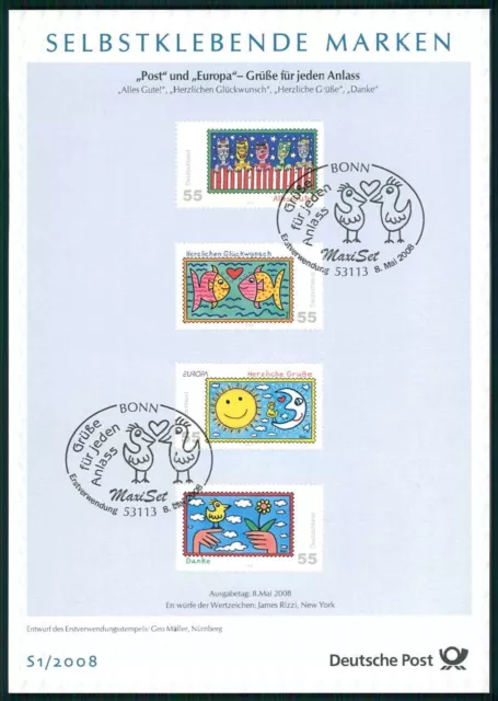 Brd Etb 2008/S1 Ersttagsblatt Selbstklebende Marken Europa Cept James Rizzi Art