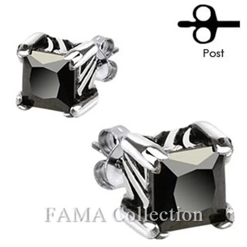 FAMA Stainless Steel Tribal Prong Black Dia Cut CZ Stud Earrings