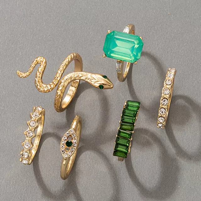 6pcs/set Luxury Green Rhinestone Snake Rings for Women Vintage Crystal JewATO Sg