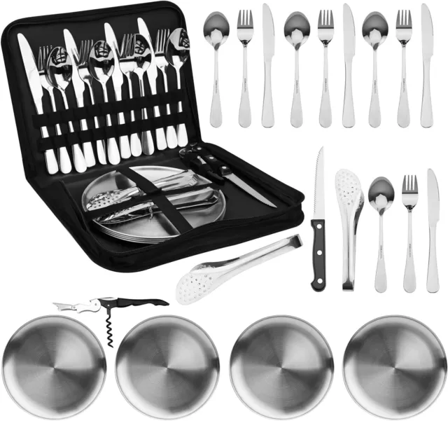 Campingbesteck Set Für 4 Personen, 20Pcs Picknick Geschirr Set Edelstahl Outdoor