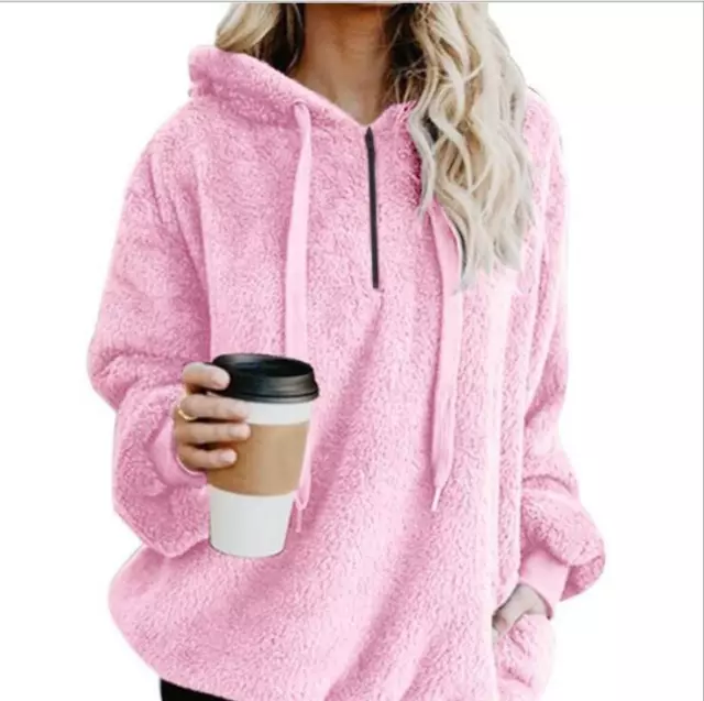 Women Faux Fur Fluffy Hoodie Coat Teddy Bear Hoody Pullover Winter Warm Jacket 2