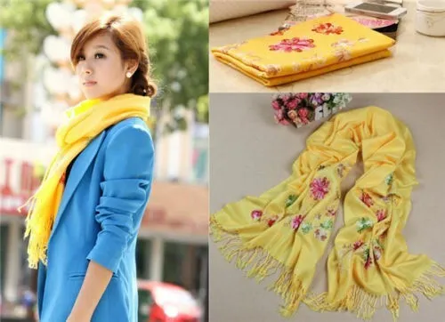 Bellissima sciarpa da donna ricamo pashmina scialle avvolgente fiore mantello alta qualità giallo