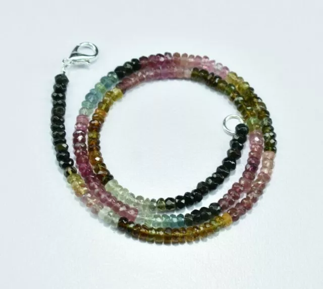 Multi Tourmaline Rondelle Faceted Gemstone Beaded Necklace 925 Sterling Silver