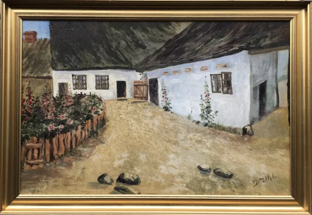 Pintura Al Óleo Antiguo Granja Con Malven Bauernrosen Stockrosen J. Uhl