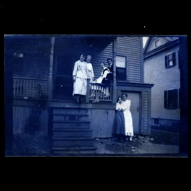 Antique Negative Photo 1920s Young Women Front Porch Vintage House Girlfriends
