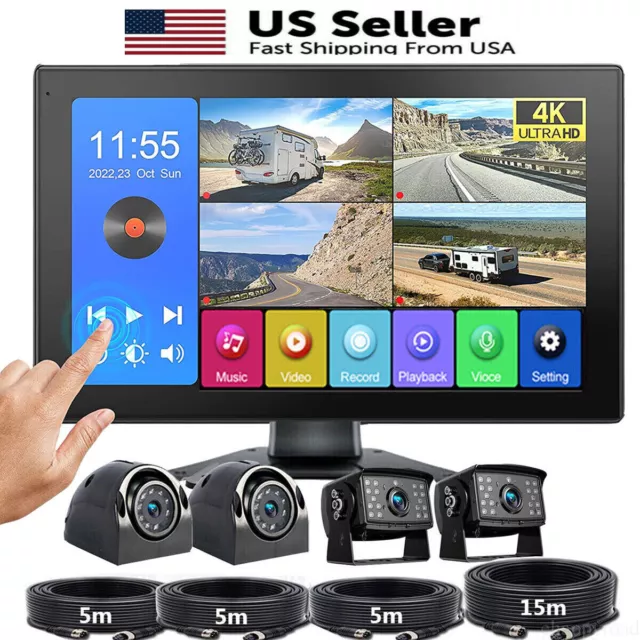 9'' Quad Split Touch Screen Monitor HD Rear View Backup Camera System Truck Bus