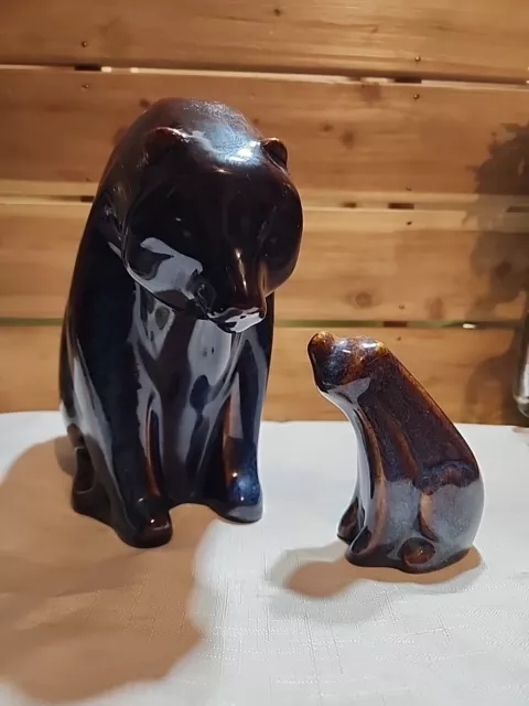 Mid Century Modern Ceramic Bear Scandinavian Purple Brown Glaze, Mom And Cub