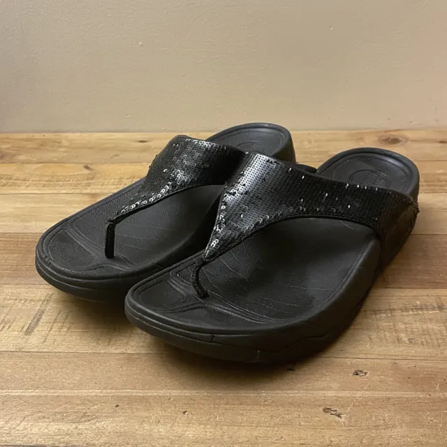 FitFlop 034-001 Electra Classic Black Sequins Flip Flop Thong Sandals Size 7