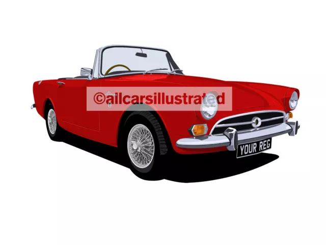 Sunbeam Alpine Car Art Print (Size A3). Choose Your Colour, Add Your Reg Plate