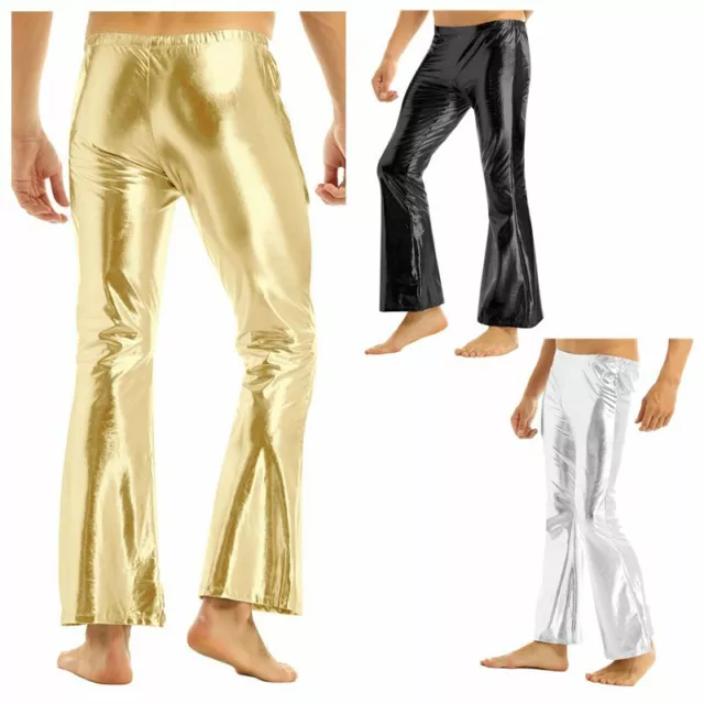 Herren Hosen Wetlook Schlaghose 70er Retro Kostüm Lederhose Disco Tanz Clubwear