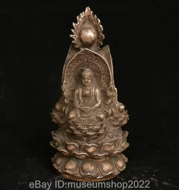 10" China Bronze Lotus Seat 3 Sides Shakyamuni Amitabha Buddha Statue Sculpture