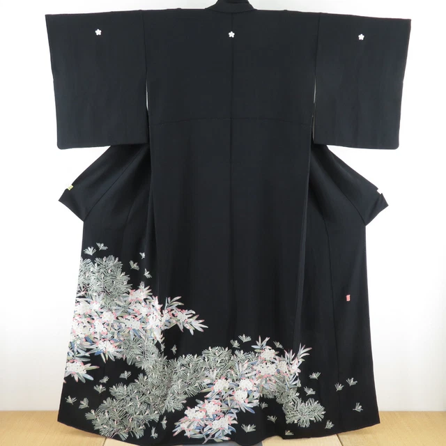 Black Tomesode Kimono Kaga Yuzen Silk Ichiro Kakimoto Plum Pine Black 63.4inch