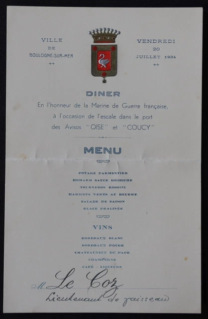 Menu 20 juillet 1934 Ville de Boulogne-sur-Mer Marine Nationale Aviso Coucy