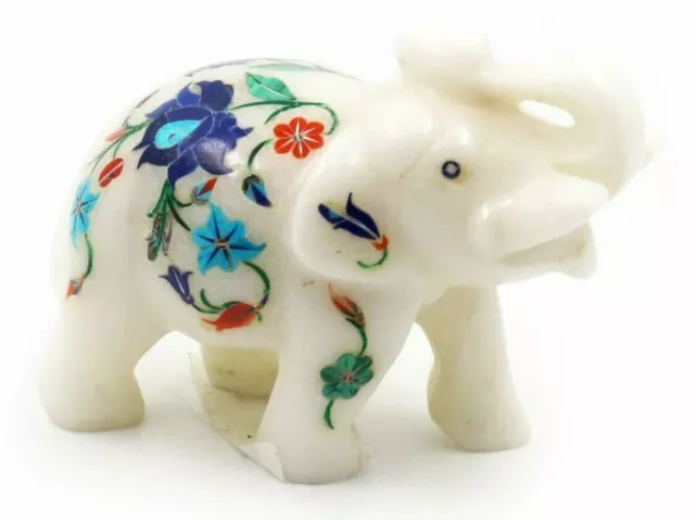 2.5& WHITE MARBLE Elephant Statue Lapis Multi Gemstone Floral Work Art ...