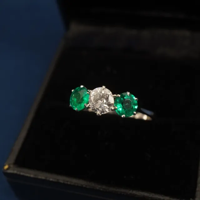 Circa 1950s Vintage 18k White Gold Emerald & Diamond Ring - Free Shipping USA
