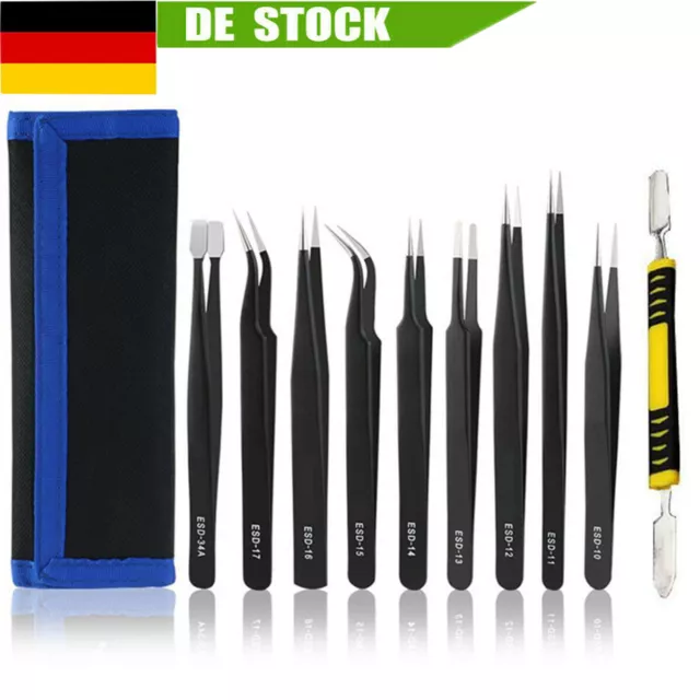 10x Pinzetten Set Edelstahl ESD10-17 Spitzpinzette modellbau Gebogen Anatomisch