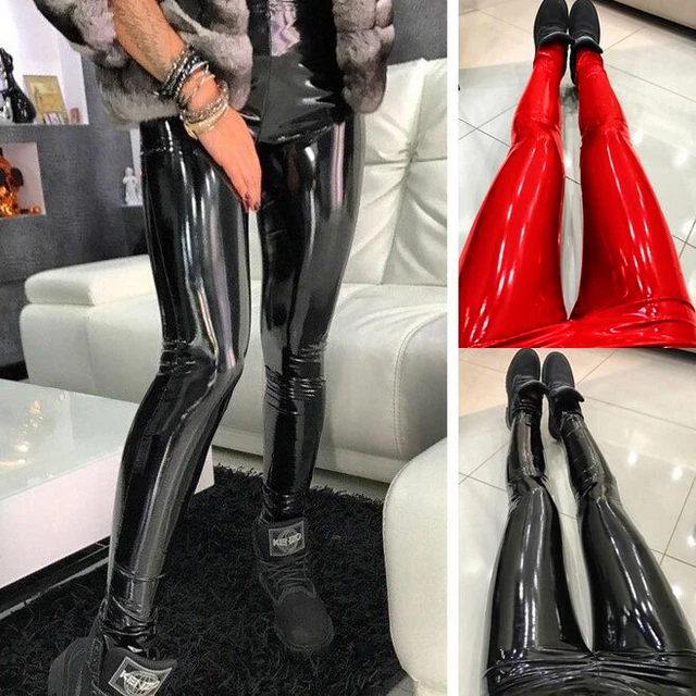 Women Shiny Vinyl Faux Patent Leather Stretch Leggings Wet Look PVC PU Trousers