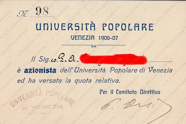 1906 Università Popolare Venezia tessera azionista