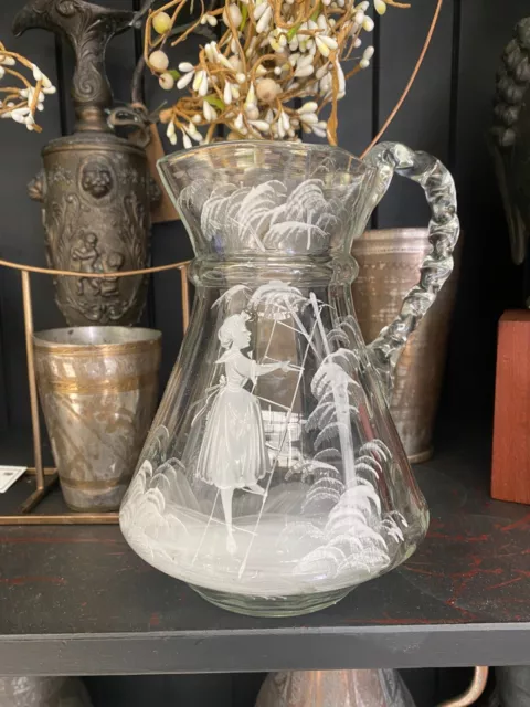 Antique Mary Gregory Glass Jug With Twist Handle