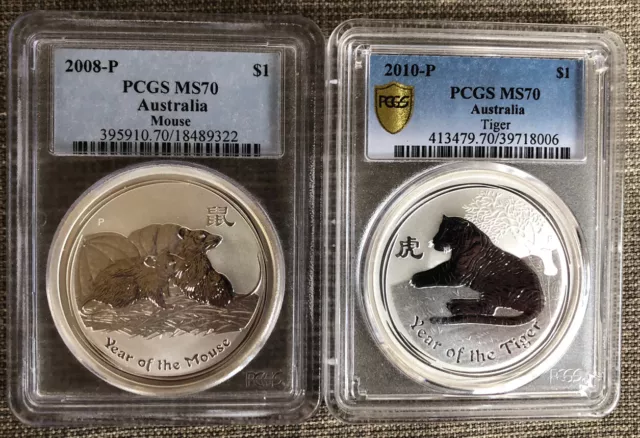 Pcgs Australia 2 Coin Set. 2008 Ms70 Mouse And 2010 Tiger Ms70.