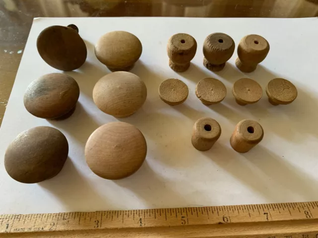Vintage Lot of 15 assorted raw Wood Drawer Knobs Round Pull Cabinet Dresser