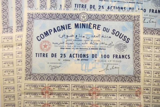 Compagnie Miniere De Souss Titre De 25 Actions De 100 Francs Meknes 1950 X 7